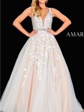 Amarra Blush Pink Illusion Lace Prom Dress